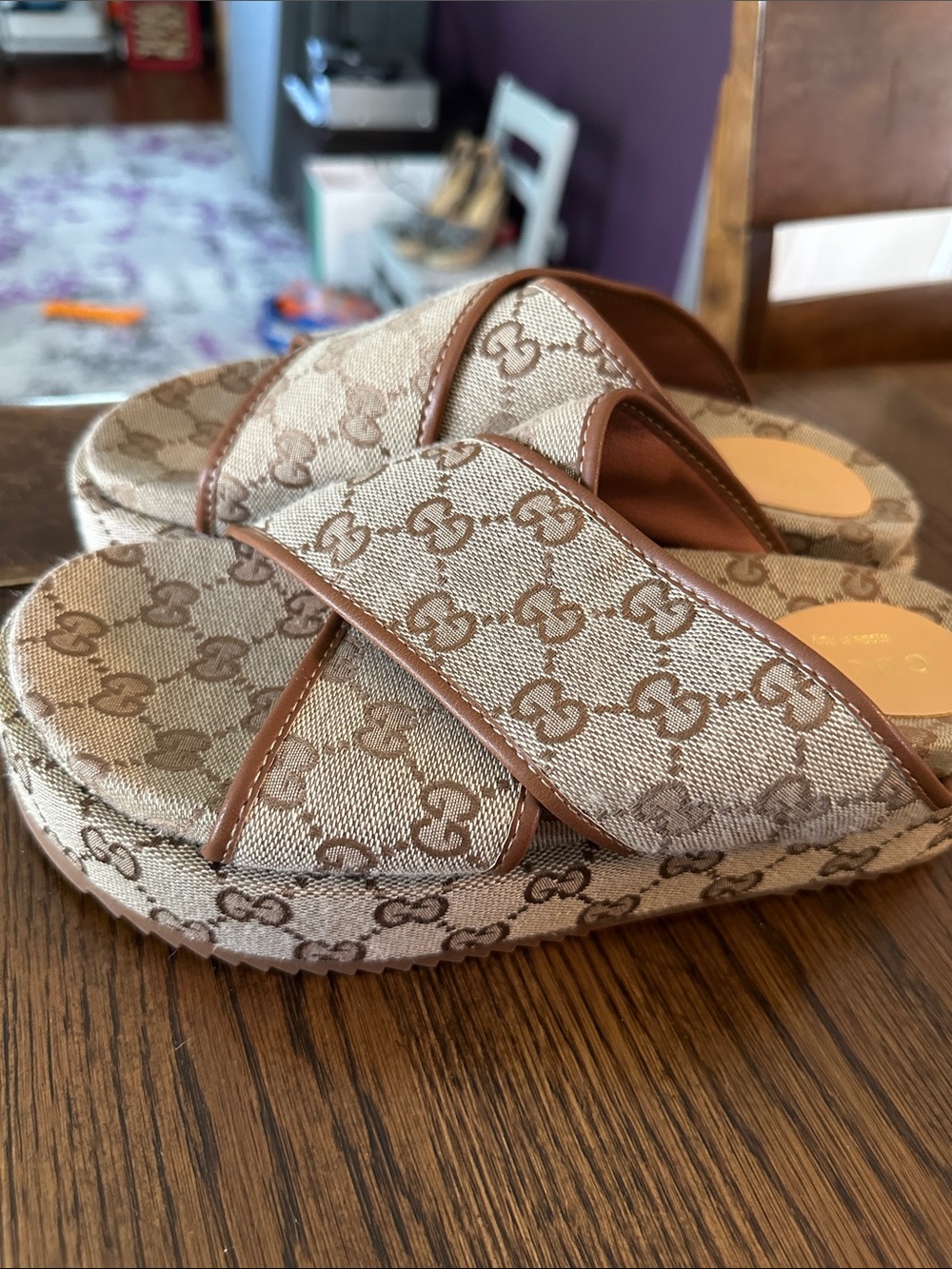 Gucci Beige Brown GG Canvas Crisscross Slide Sandals - Picture 2 of 6